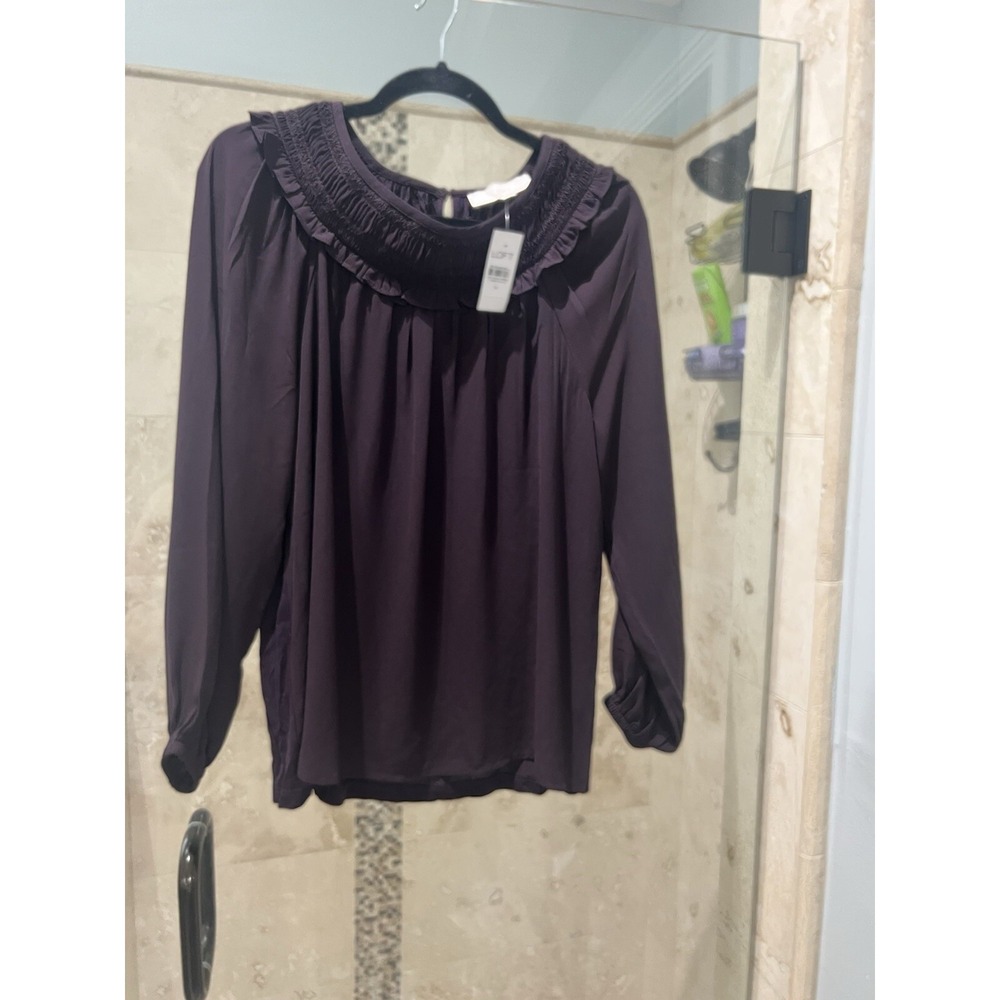 Ann Taylor LOFT Ruffle Neck Bib Blouse Top Eggplant Purple Women’s M NWT